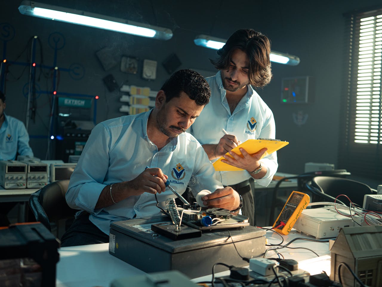 gallery-4 Focused technicians collaborate in an electronics lab, emphasizing teamwork and innovation.